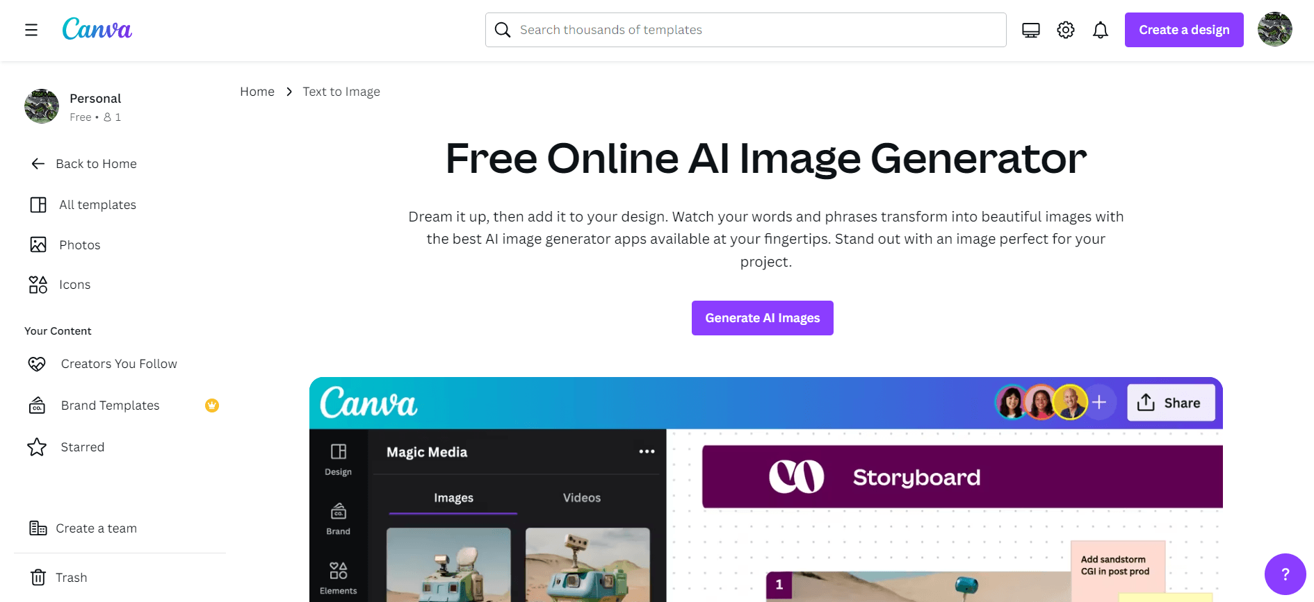 Canva AI website screenshot